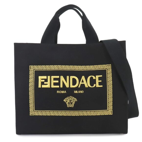 FENDI FENDACE 2way Tote Shoulder Bag Canvas Black Gold 7VA558 90248673 - Picture 1 of 11